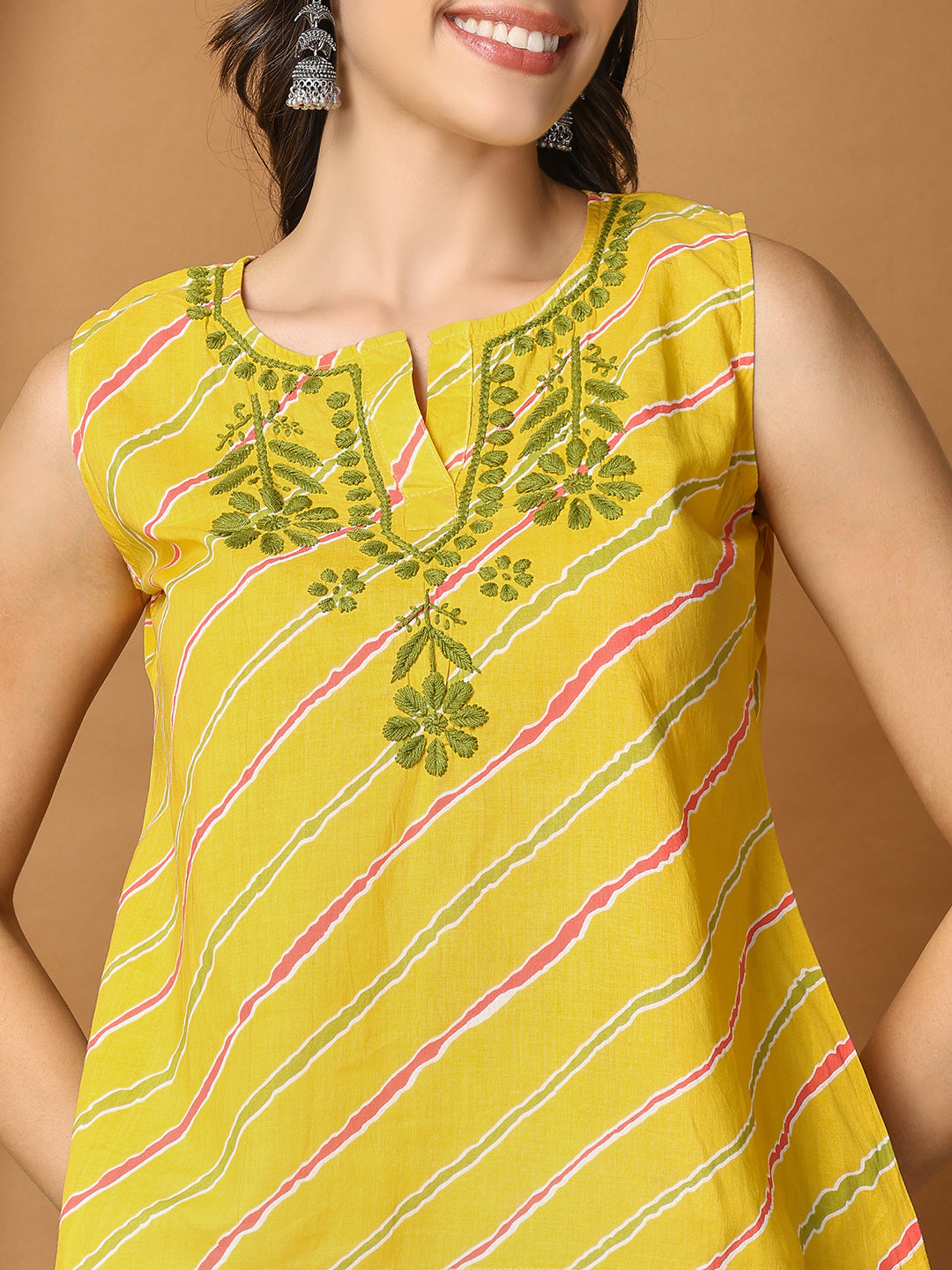 Yellow Printed Cotton Chikankari Sleeveless Top