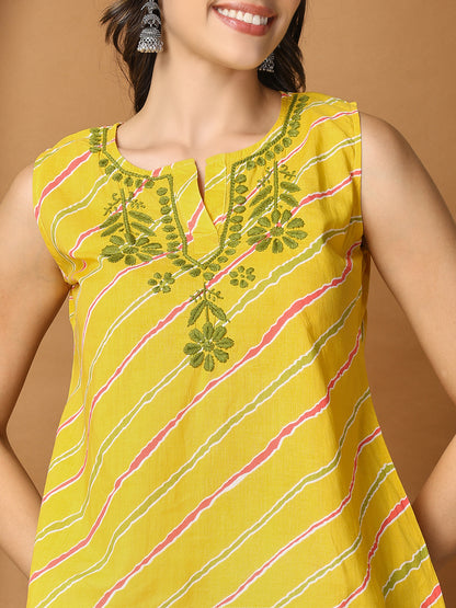 Yellow Printed Cotton Chikankari Sleeveless Top