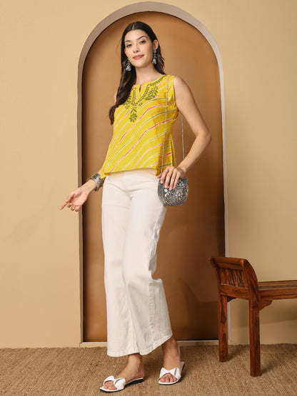 Yellow Printed Cotton Chikankari Sleeveless Top