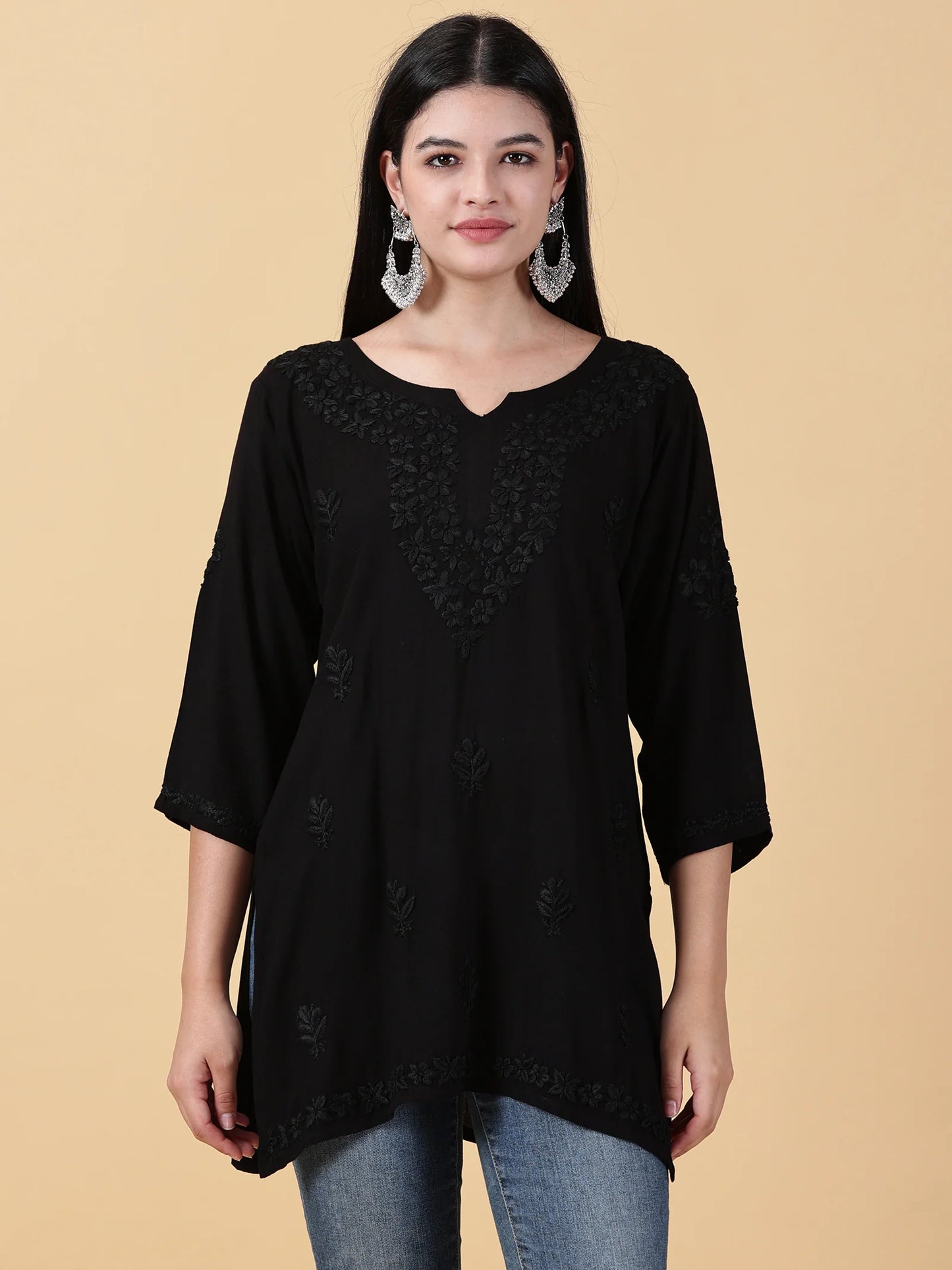 Women Black Lucknowi Chikankari Rayon Kurti