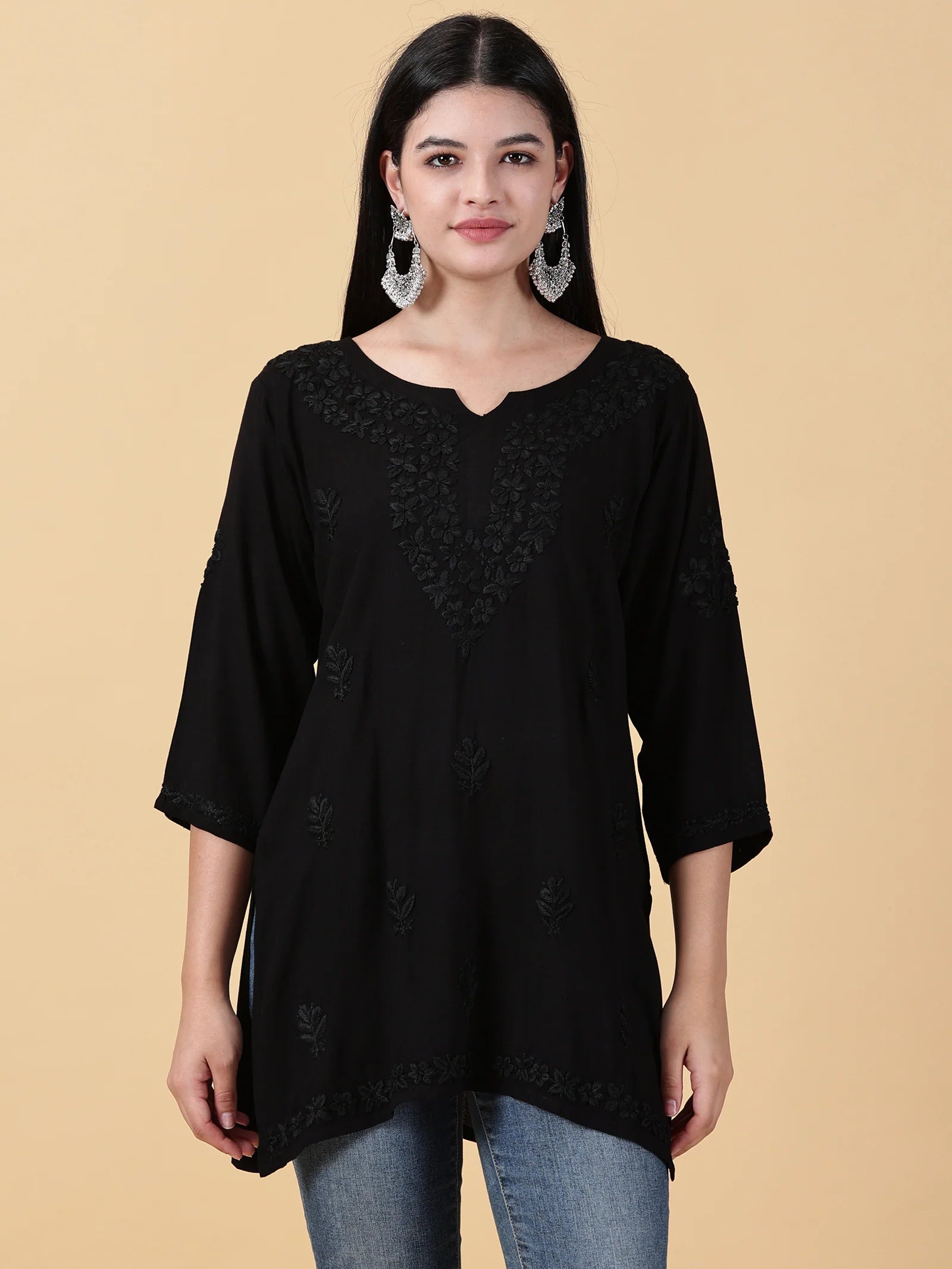 Women Black Lucknowi Chikankari Rayon Kurti