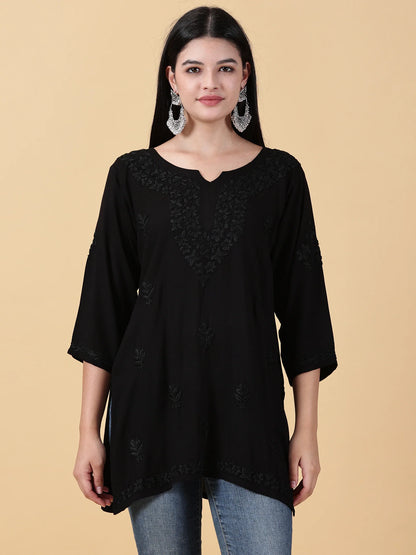 Women Black Lucknowi Chikankari Rayon Kurti