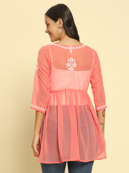 Hand Embroidered Pink Lucknowi Chikan Georgette A-line Kurti