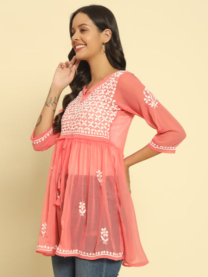 Hand Embroidered Pink Lucknowi Chikan Georgette A-line Kurti