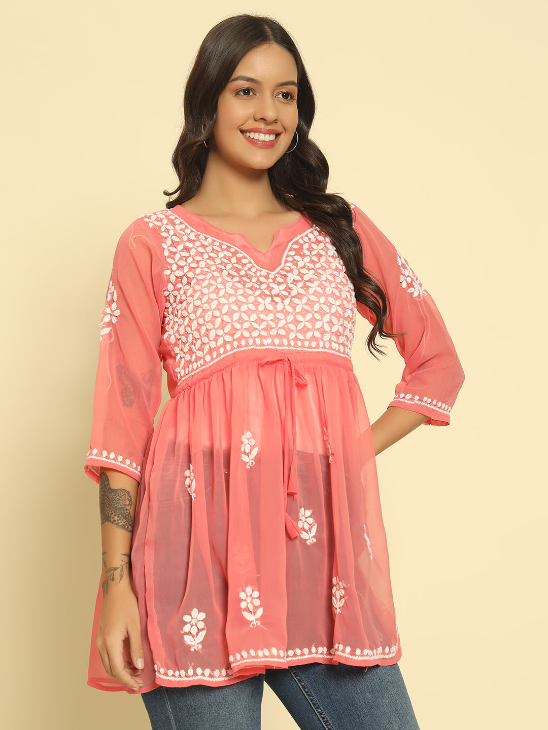 Hand Embroidered Pink Lucknowi Chikan Georgette A-line Kurti