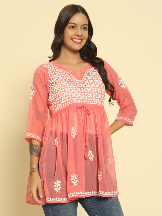 Hand Embroidered Pink Lucknowi Chikan Georgette A-line Kurti