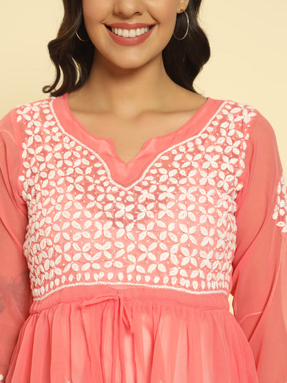 Hand Embroidered Pink Lucknowi Chikan Georgette A-line Kurti