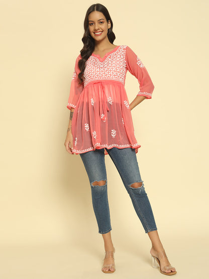 Hand Embroidered Pink Lucknowi Chikan Georgette A-line Kurti