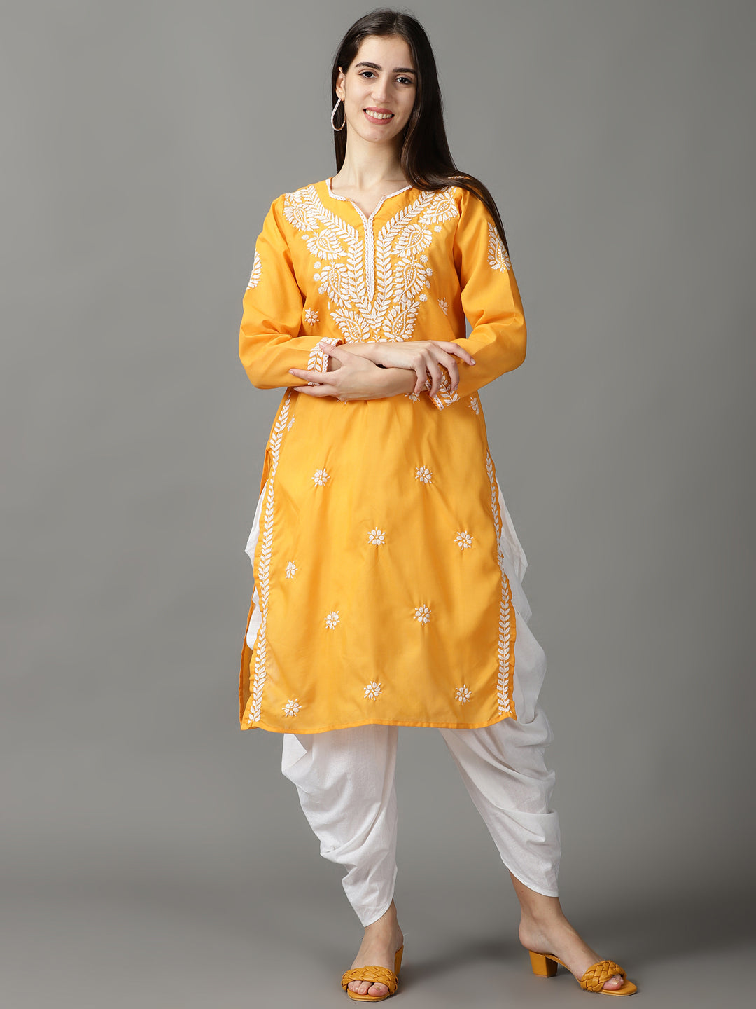 Yellow Chikankari Cotton Kurta With Dhoti & Dupatta