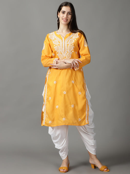 Yellow Chikankari Cotton Kurta With Dhoti & Dupatta