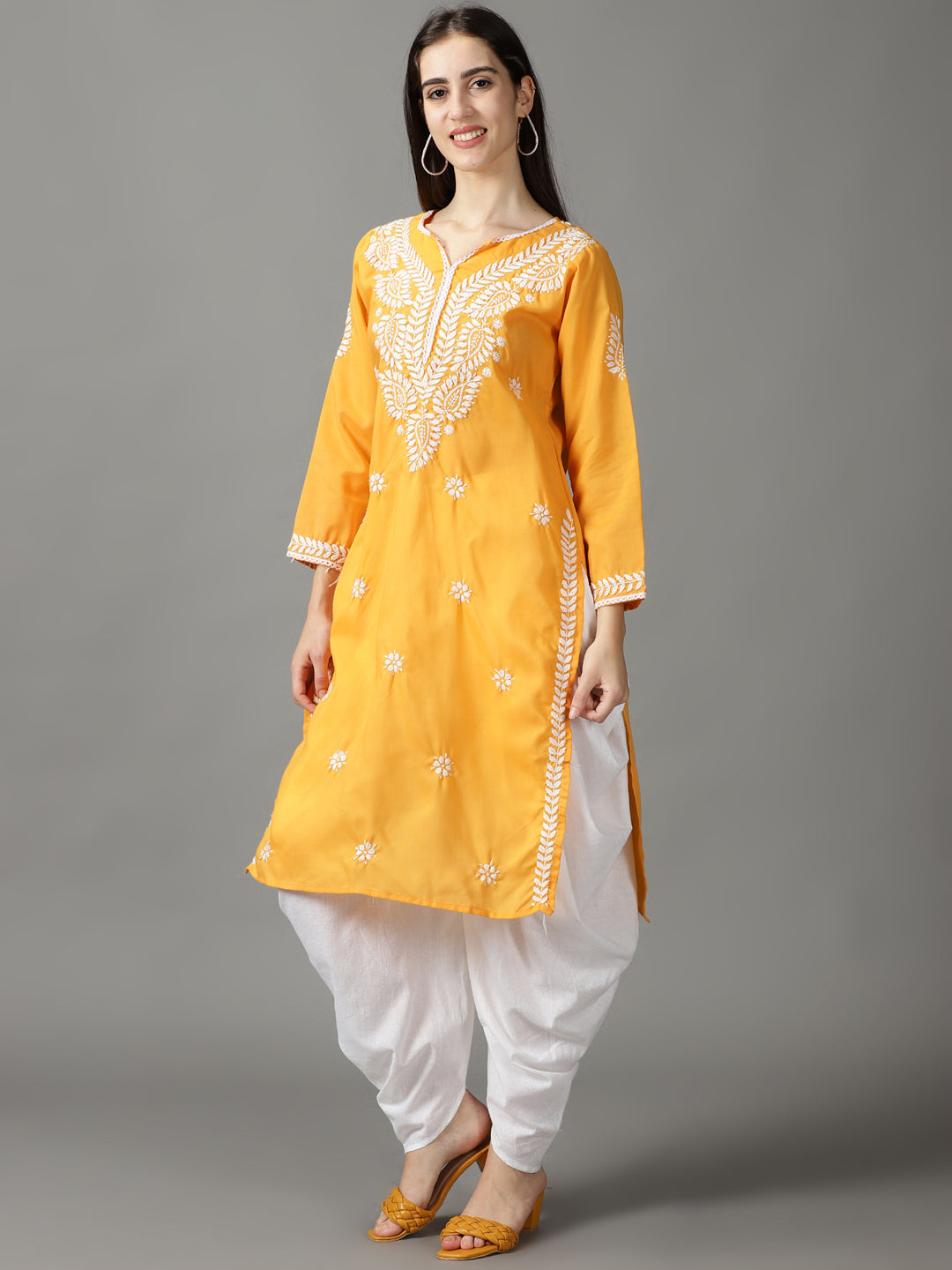 Yellow Chikankari Cotton Kurta With Dhoti & Dupatta