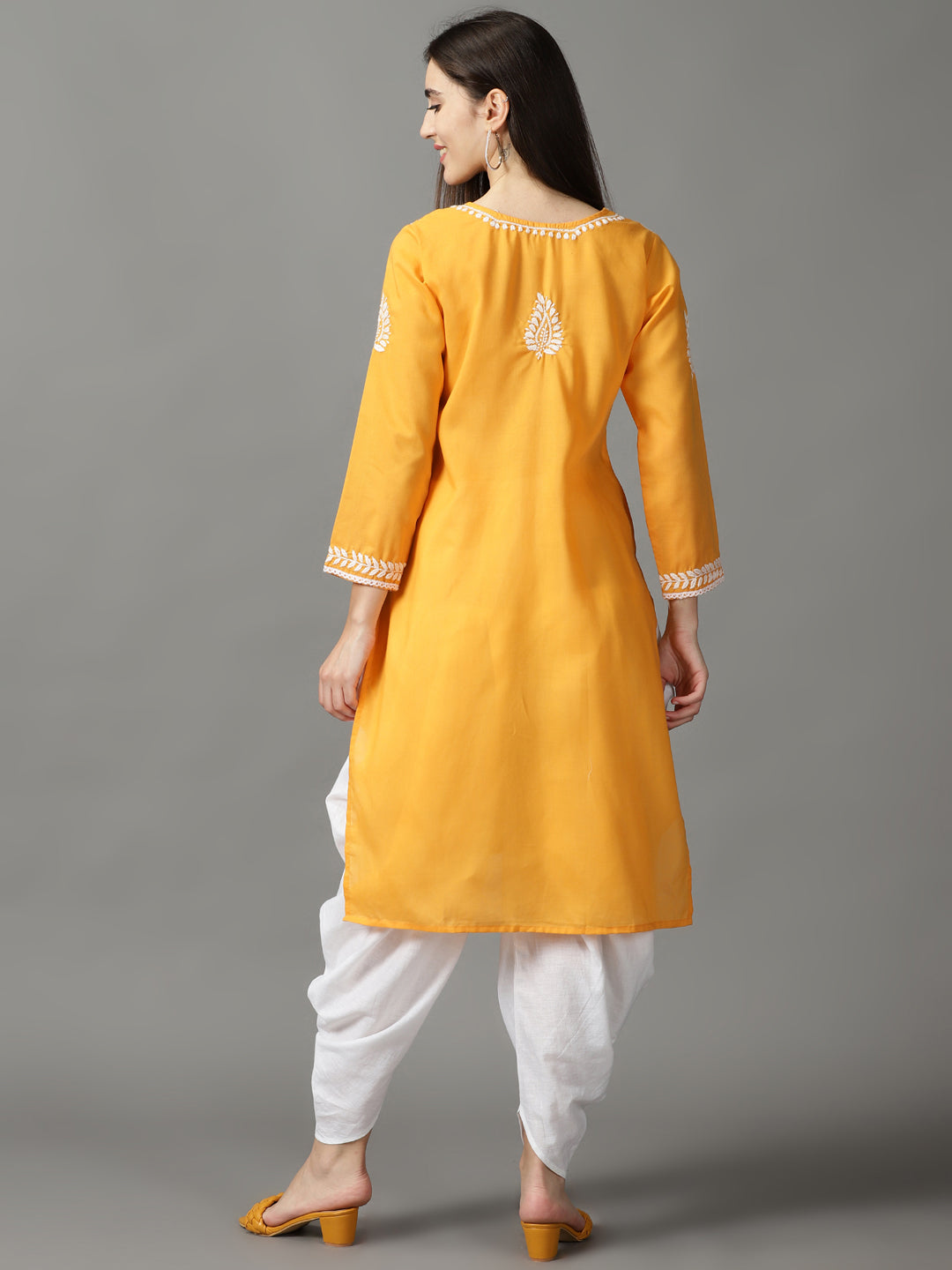 Yellow Chikankari Cotton Kurta With Dhoti & Dupatta