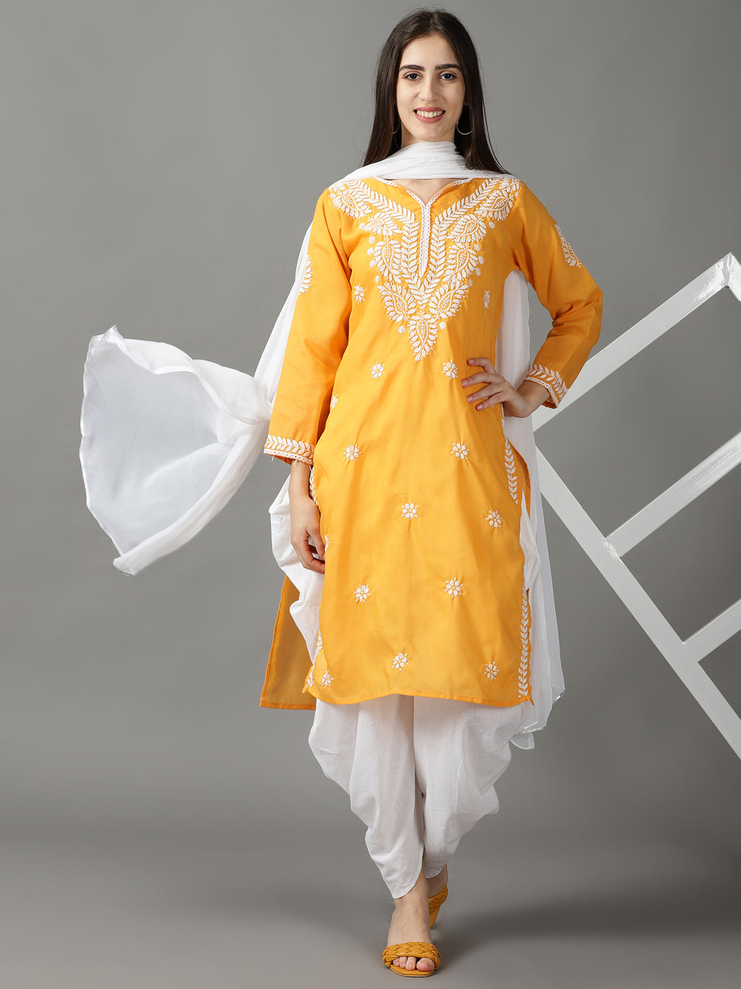 Yellow Chikankari Cotton Kurta With Dhoti & Dupatta