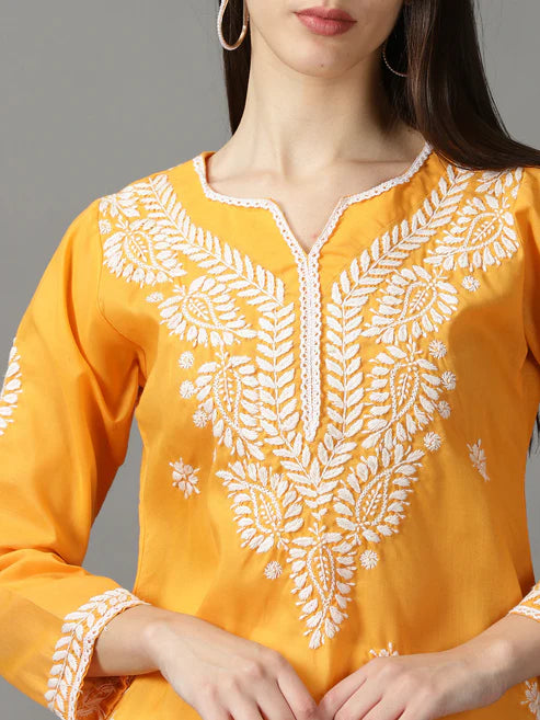 Yellow Chikankari Cotton Long Kurta