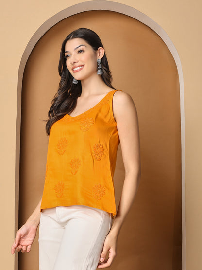 Mustard Yellow Cotton Sleeveless Chikankari Top