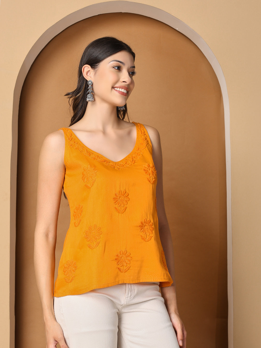 Mustard Yellow Cotton Sleeveless Chikankari Top