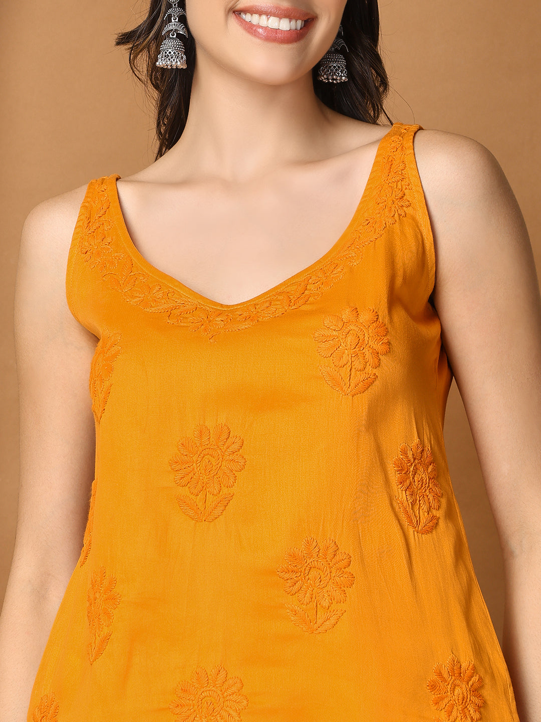 Mustard Yellow Cotton Sleeveless Chikankari Top