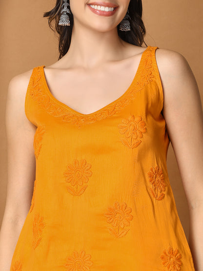 Mustard Yellow Cotton Sleeveless Chikankari Top