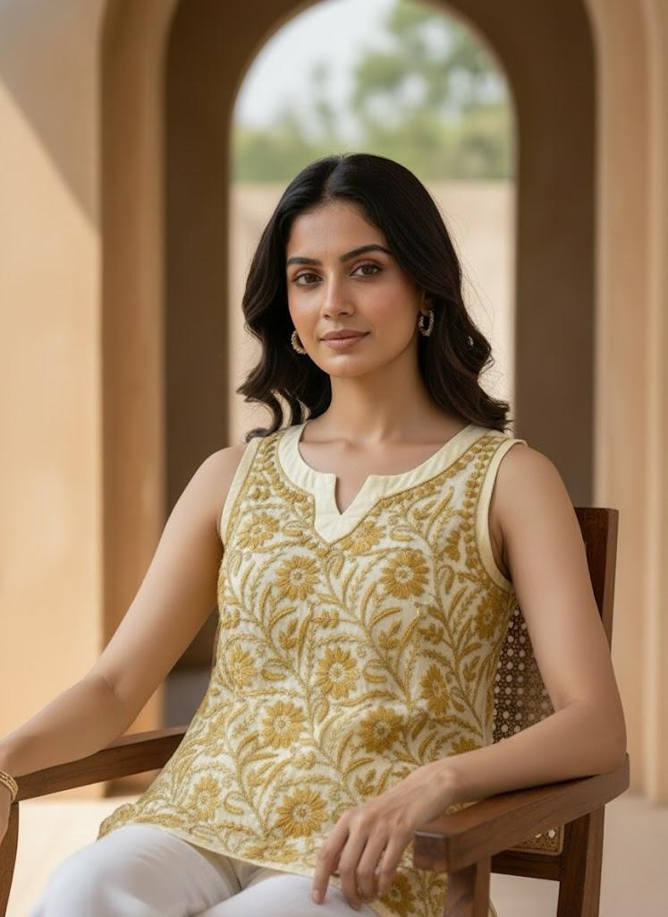 Handmade Mustard Yellow Chikankari Embroidered Sleeveless Top