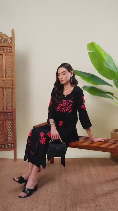 Women Black & Pink Handmade Chikankari Kurta Set