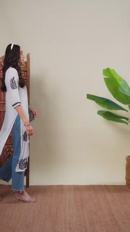 Women White & Black Handmade Chikankari Long Kurta