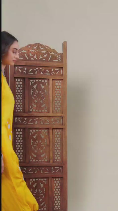 Women Mustard Yellow Handmade Chikankari Kurta Set with White Floral Embroidery