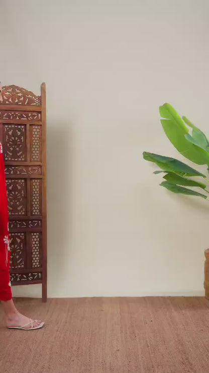 Women Red Handmade Chikankari Kurta Set with White Floral Embroidery