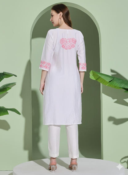 Women White Chanderi Hand Embroidered Chikankari Lucknowi Long Kurta