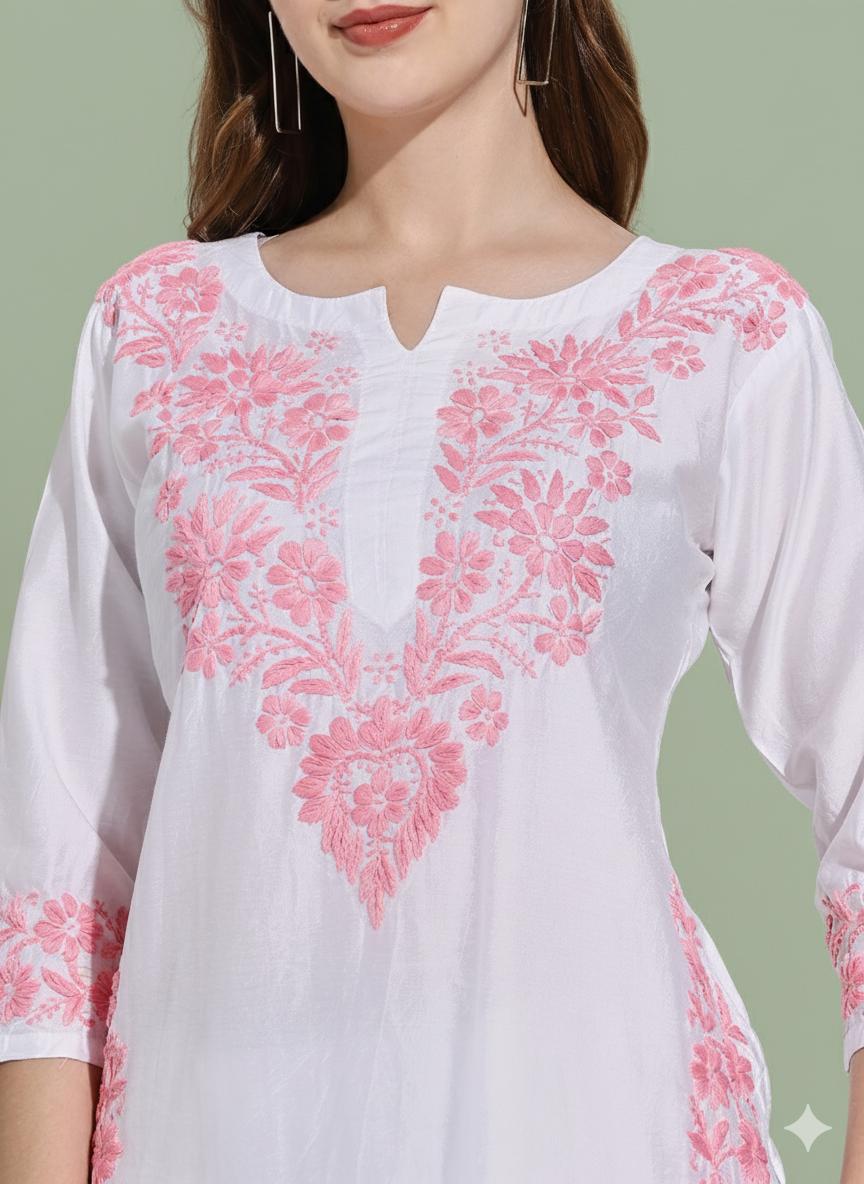 Women White Chanderi Hand Embroidered Chikankari Lucknowi Long Kurta