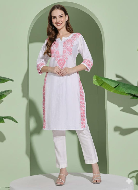 Women White Chanderi Hand Embroidered Chikankari Lucknowi Long Kurta