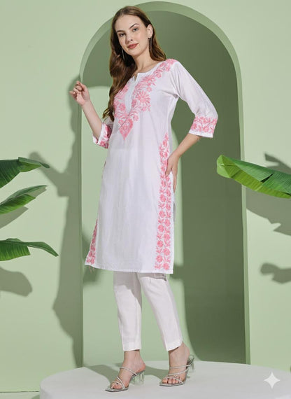 Women White Chanderi Hand Embroidered Chikankari Lucknowi Long Kurta