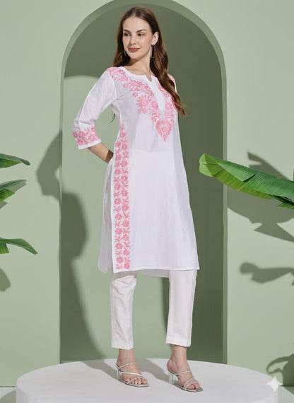 Women White Chanderi Hand Embroidered Chikankari Lucknowi Long Kurta