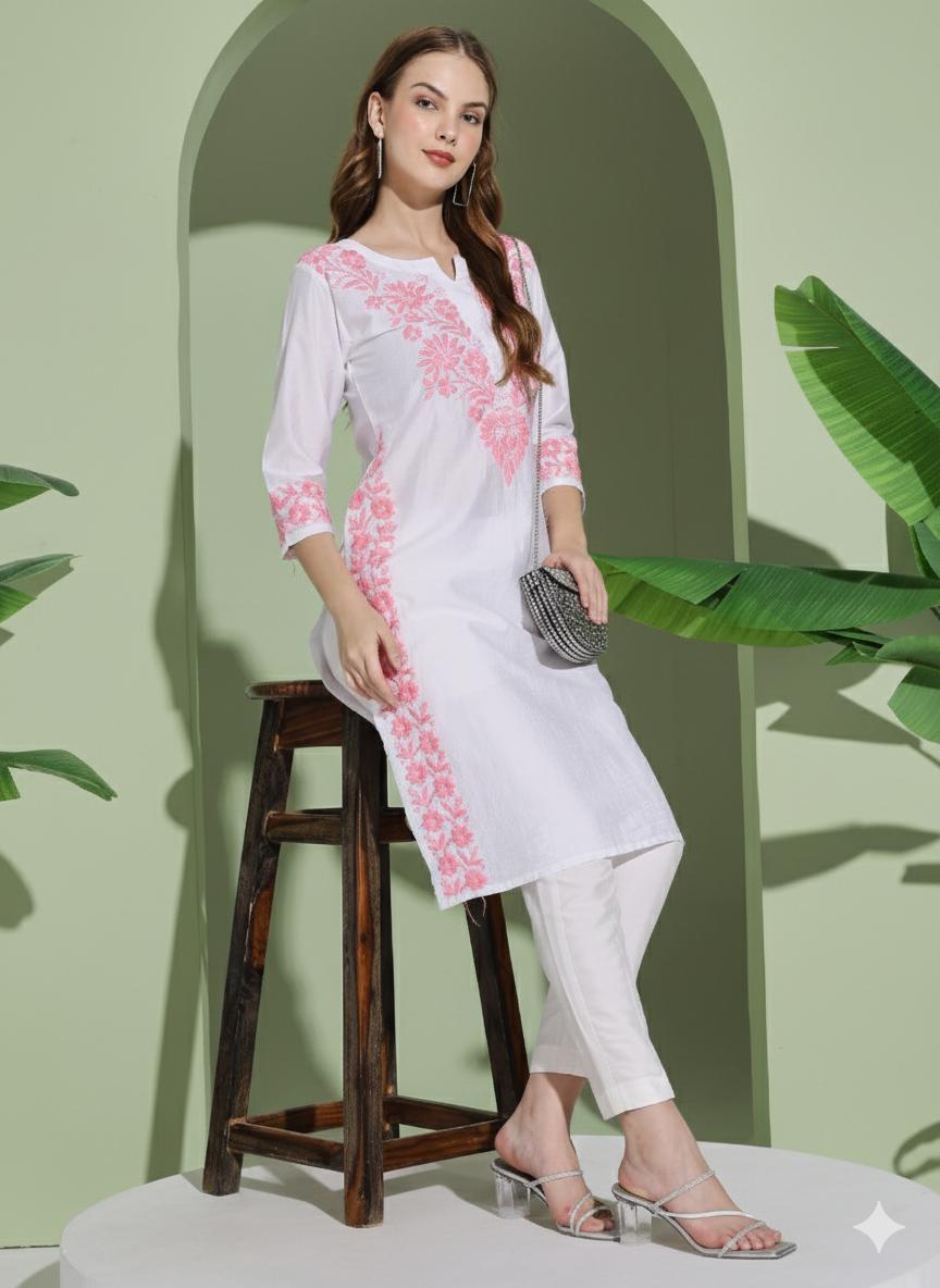 Women White Chanderi Hand Embroidered Chikankari Lucknowi Long Kurta