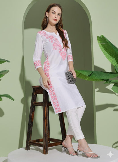 Women White Chanderi Hand Embroidered Chikankari Lucknowi Long Kurta