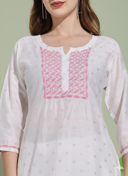 Women White Chanderi Hand Chikankari Short Kurta with pink embroidered detailing on neckline, sleeves.